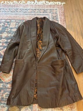 Vintage Brown Leather Long Jacket with Patterned Lining size M
